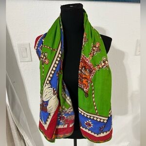 Hermes Paris Vintage silk  Cashmere Wool scarf equestrian-themed design